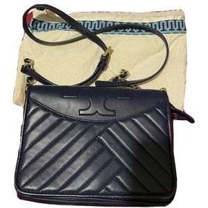 Tory Burch Fleming Navy Leather Convertible Bag.